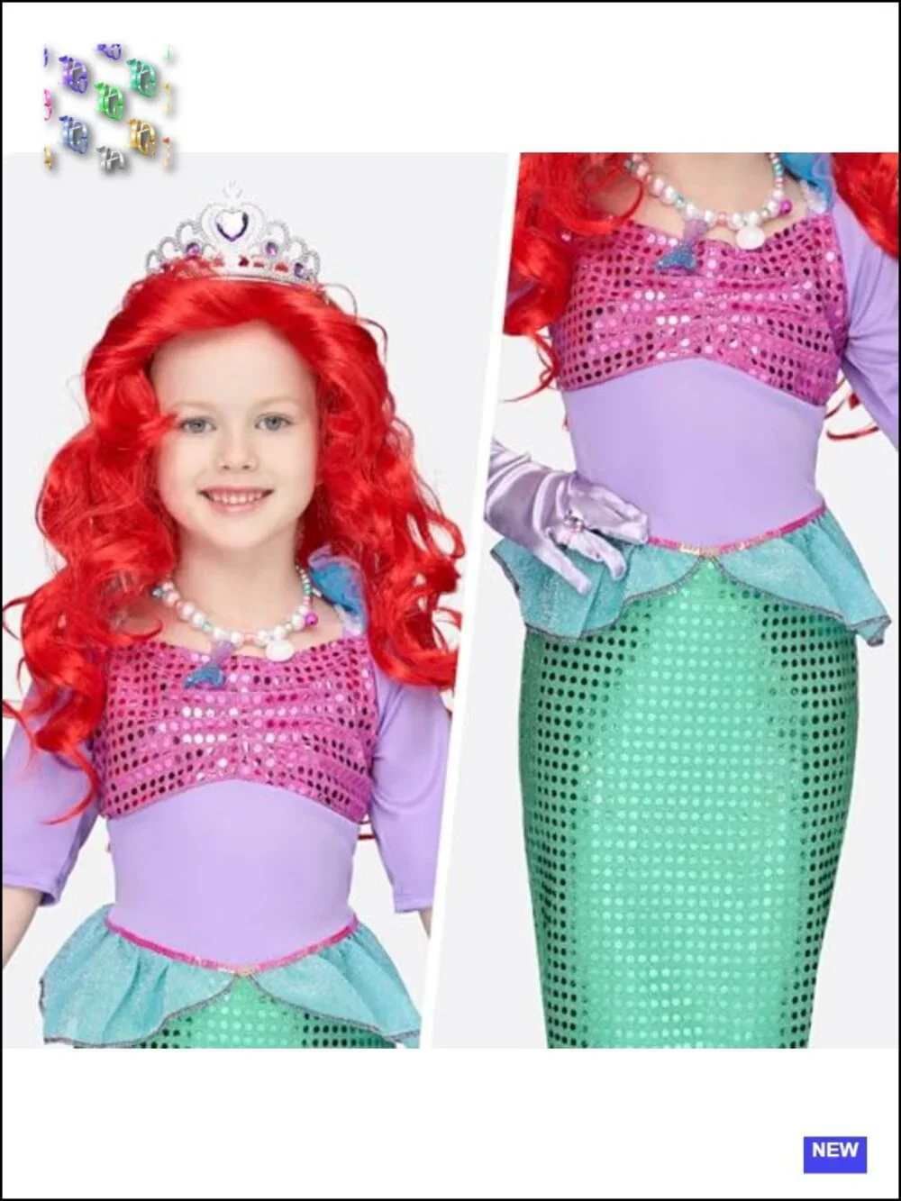 10pc Little Mermaid Sequin Dress Costume Set Girls Halloween Cosplay Wig &